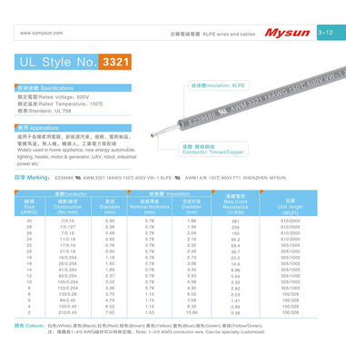 UL3321 600V 150C 2-30AWG XLPE Wires and Cables for Home Appliance and Lighting Applications